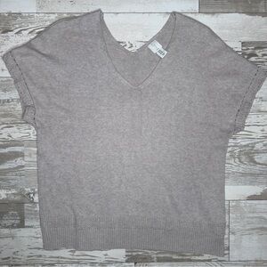 Joie Women’s 1X Short Sleeve Lightweight Knit Sweater Top Beige Cotton V-Neck